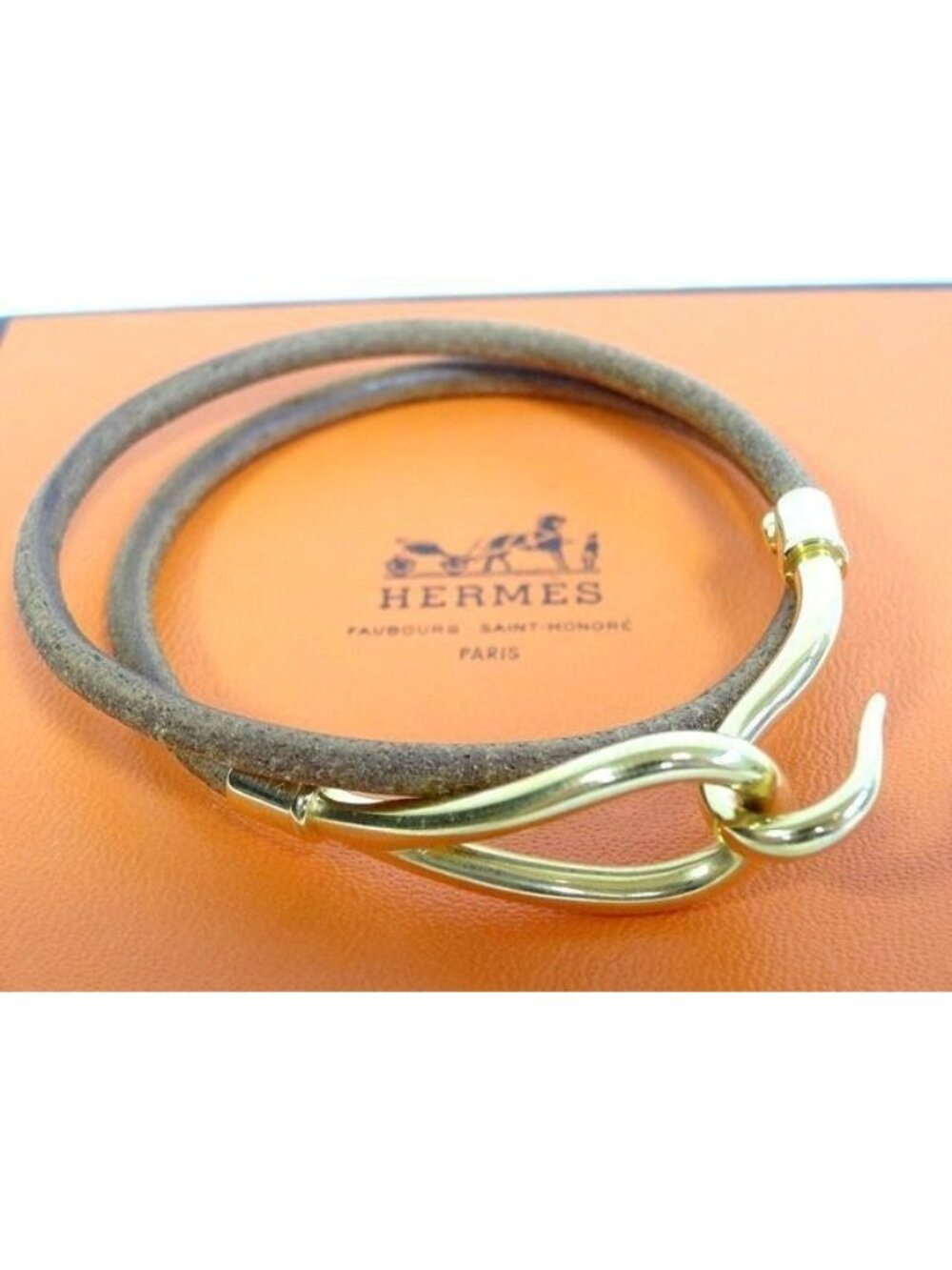 Hermes Jumbo Double Strand Bracelet Choker Gold Leather Brown